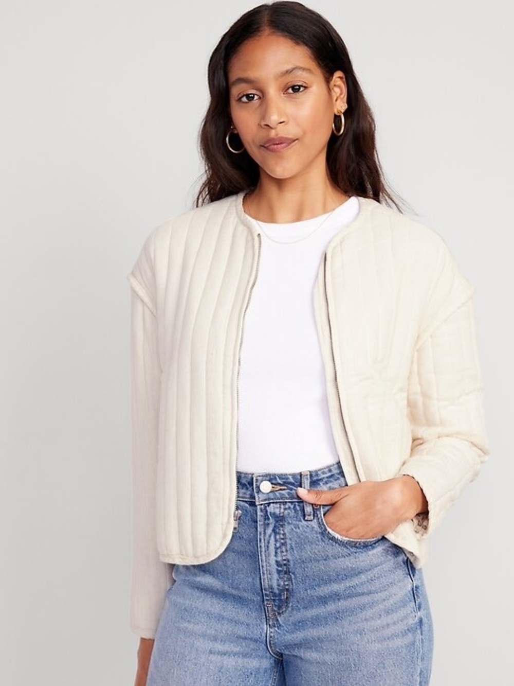Old Navy Quilted Bomber Jacket Boho Cozy Size Medium Cream